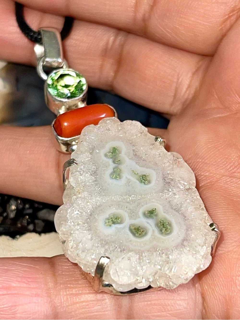 Solar Quartz & Red Coral Pendant 2 7/8”